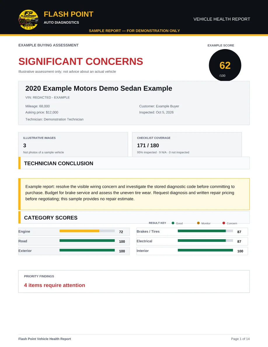 First page of the Flash Point example report, showing its buying assessment, condition score, and technician conclusion
